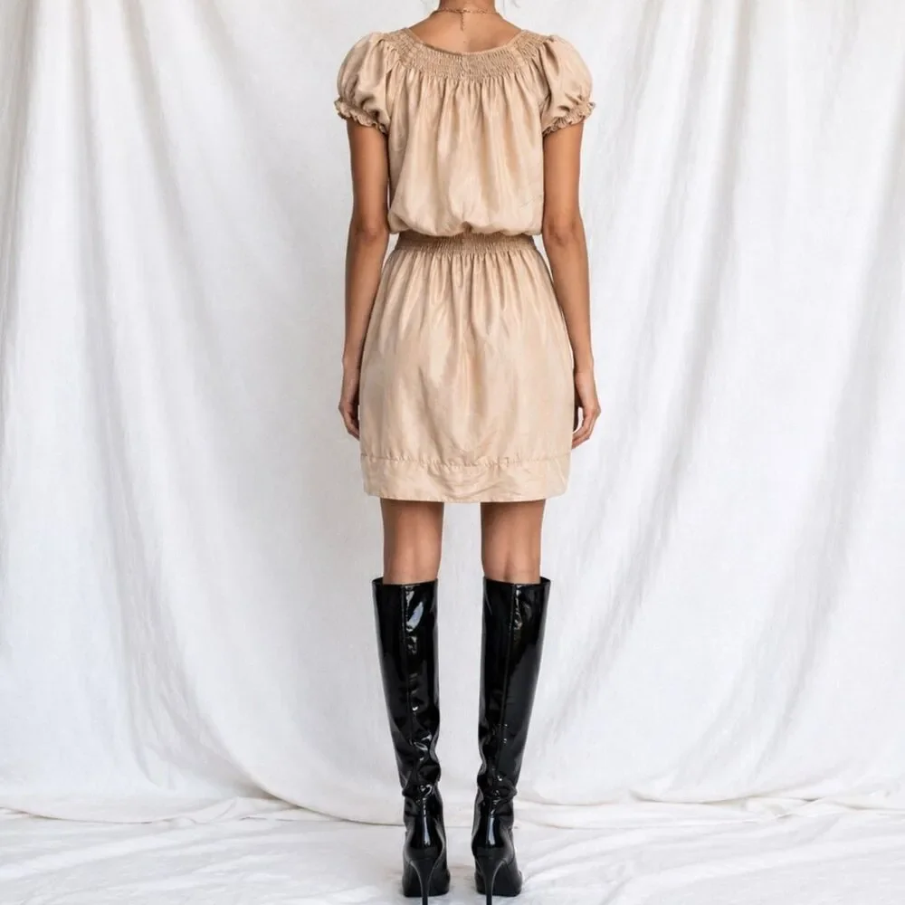 Vintage Y2K 90s Silk Beige Brown Puffy Sleeve Knee Length Boho Dress Size S/M/L